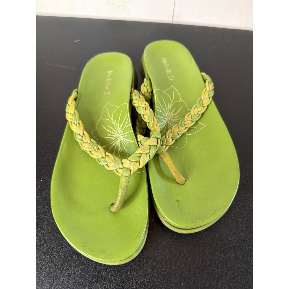 Michelle D Womens Green Leather Thong Sandals Braided Wedge Flip Flops 8